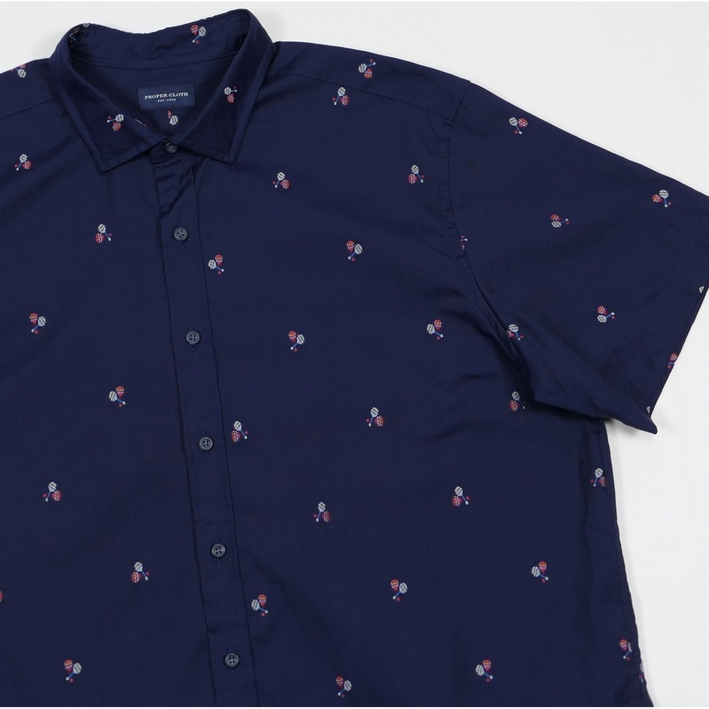 Proper Cloth Mens‎ XL Navy Blue Woven Maracas Embroidered S/S Button Down Shirt